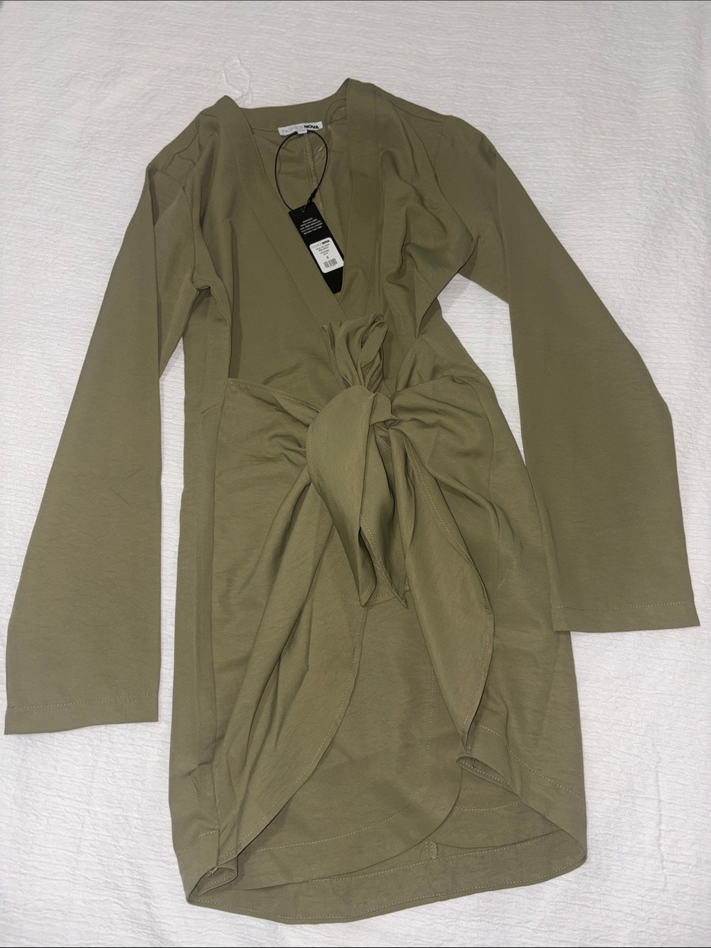 Fashion Nova Olive Green Long Sleeve Wrap Dress with Front Knot
